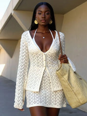 Cream Button Up Crochet Cardigan and Skirt Sweater Set | Outfit Sets Daverri Fashions