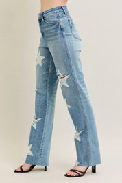 Judy Blue Full Size High Waist Rigid Magic Star Shaped Destroy 90's Straight Jeans Plus Size | Jeans Daverri Fashions