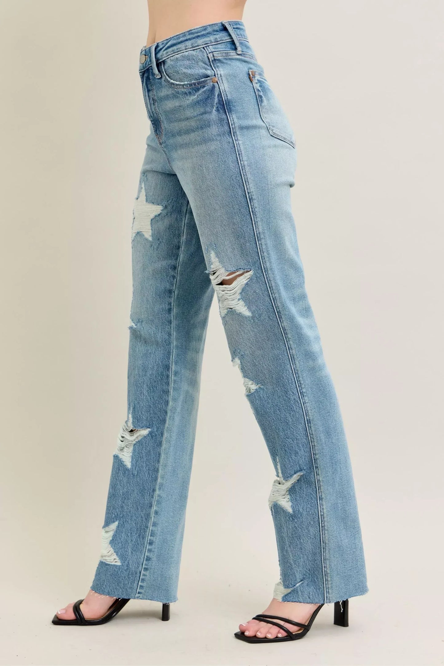 Judy Blue Full Size High Waist Rigid Magic Star Shaped Destroy 90's Straight Jeans Plus Size - DAVERRI FASHIONS
