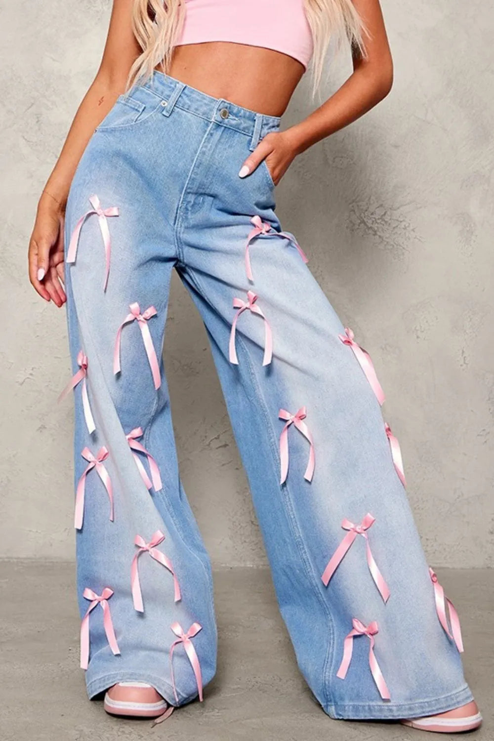 Medium Bow Decorated Wide Leg Denim Jeans | Jeans Daverri Fashions
