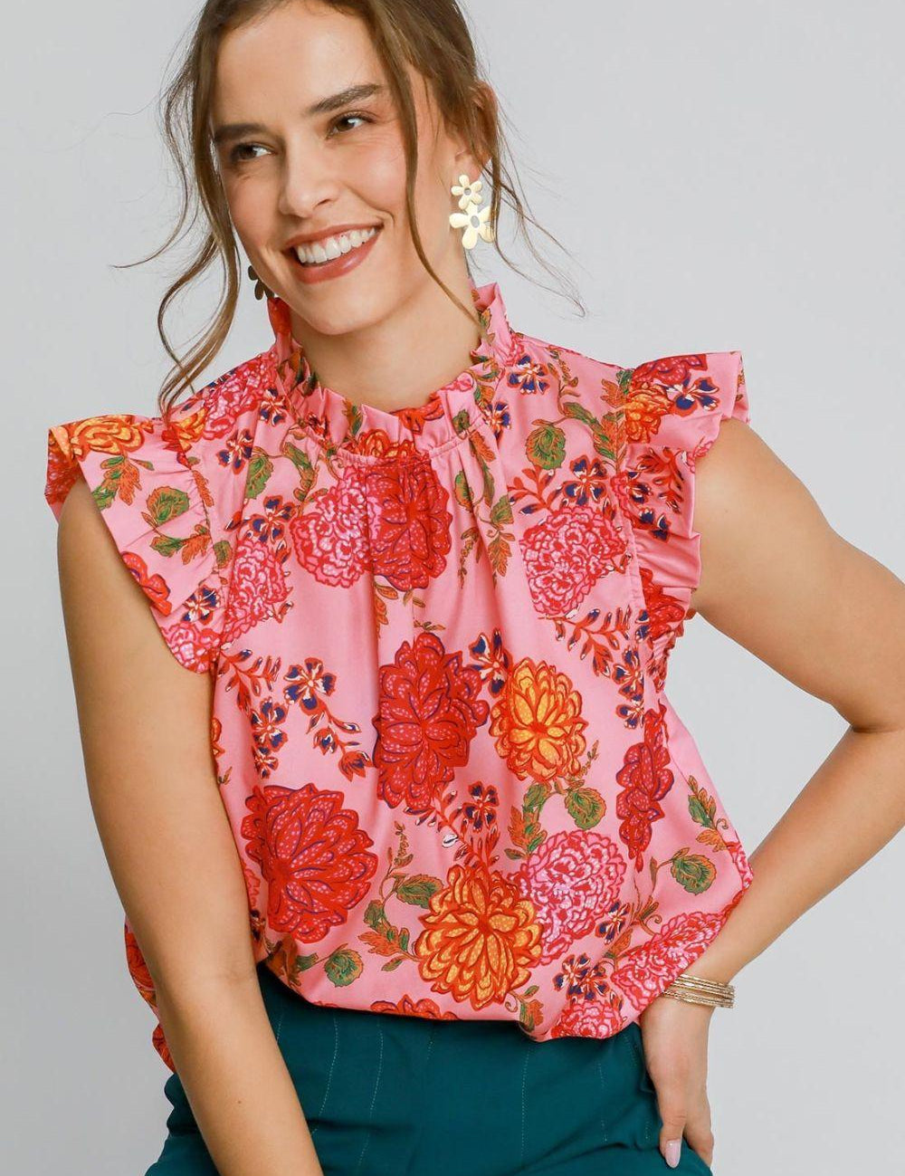 PINK MIX 1XL Umgee Full Size Floral Print Ruffled Cap Sleeve Blouse Plus Size | Blouses Daverri Fashions