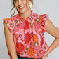 Umgee Full Size Floral Print Ruffled Cap Sleeve Blouse Plus Size PINK MIX 1XL Blouses
