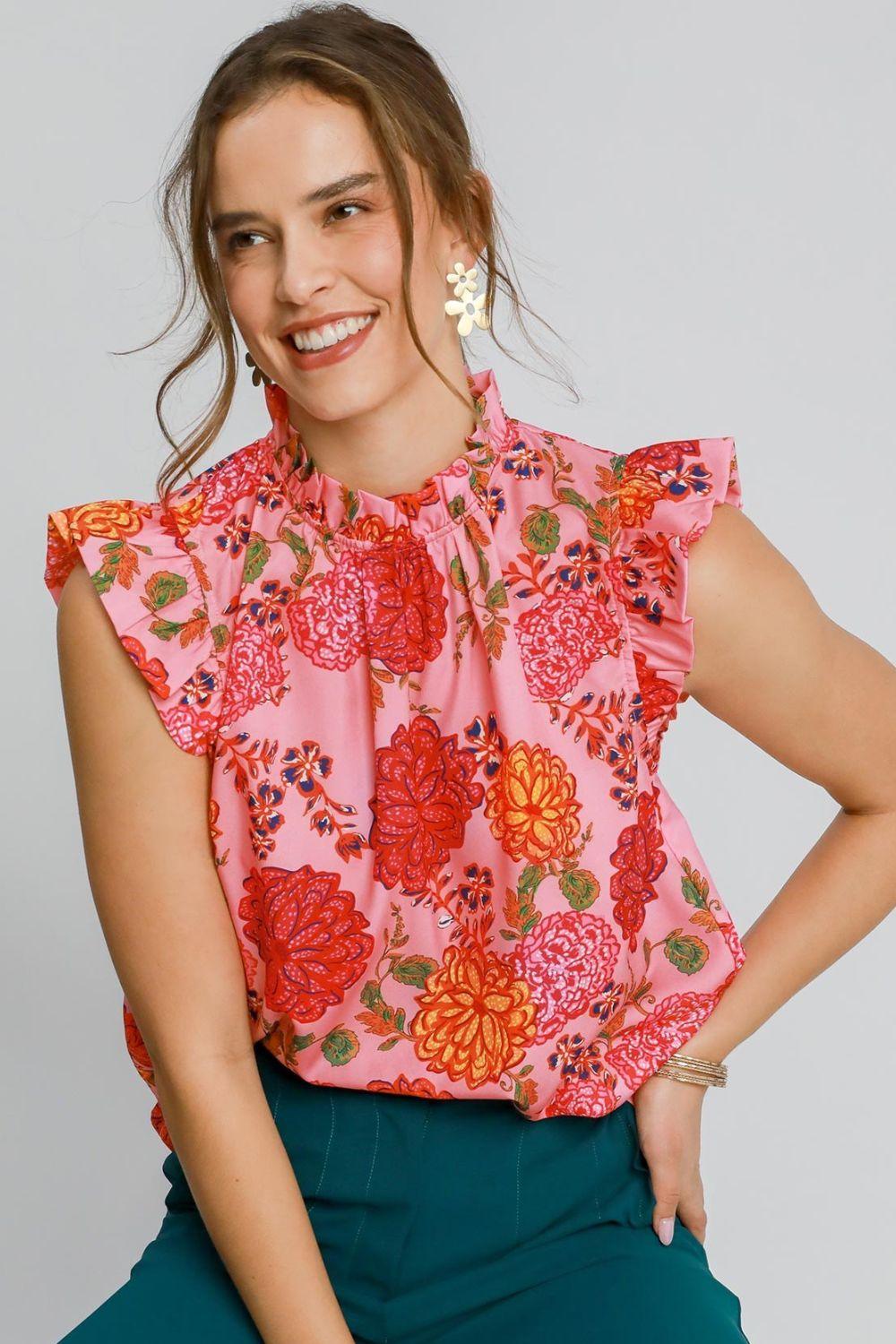 Umgee Full Size Floral Print Ruffled Cap Sleeve Blouse Plus Size PINK MIX 1XL Blouses