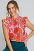 Umgee Full Size Floral Print Ruffled Cap Sleeve Blouse Plus Size PINK MIX 1XL Blouses