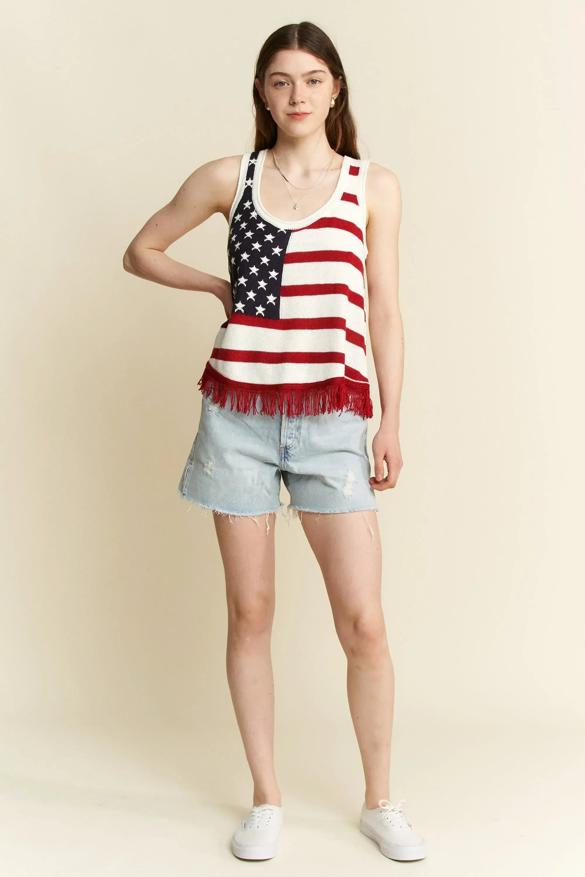 Jade By Jane Full Size American Flag Fringe Tank Top - DAVERRI FASHIONS