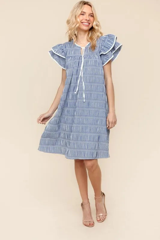 Haptics Double Ruffle Sleeve Dress with Side Pockets Knee Length Dresses