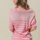 BiBi Stripe short sleeve collared V-neck pink striped sweater