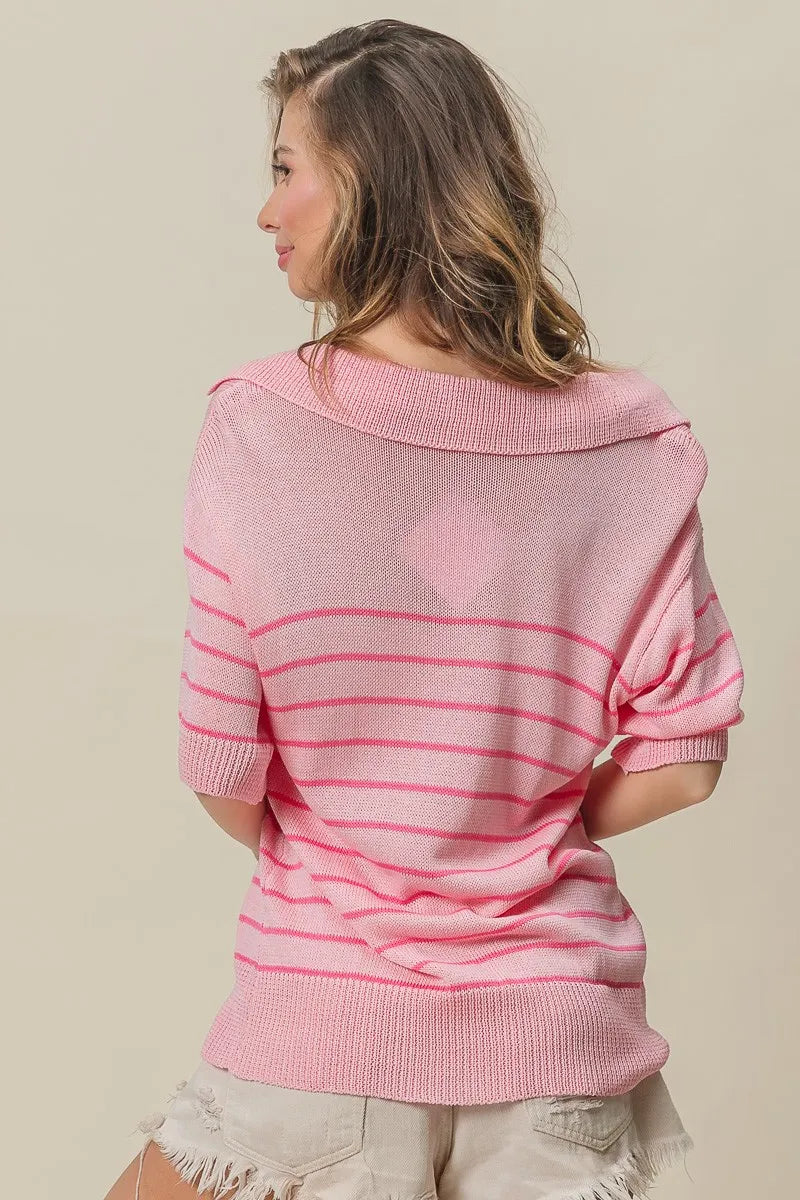 BiBi Stripe short sleeve collared V-neck pink striped sweater