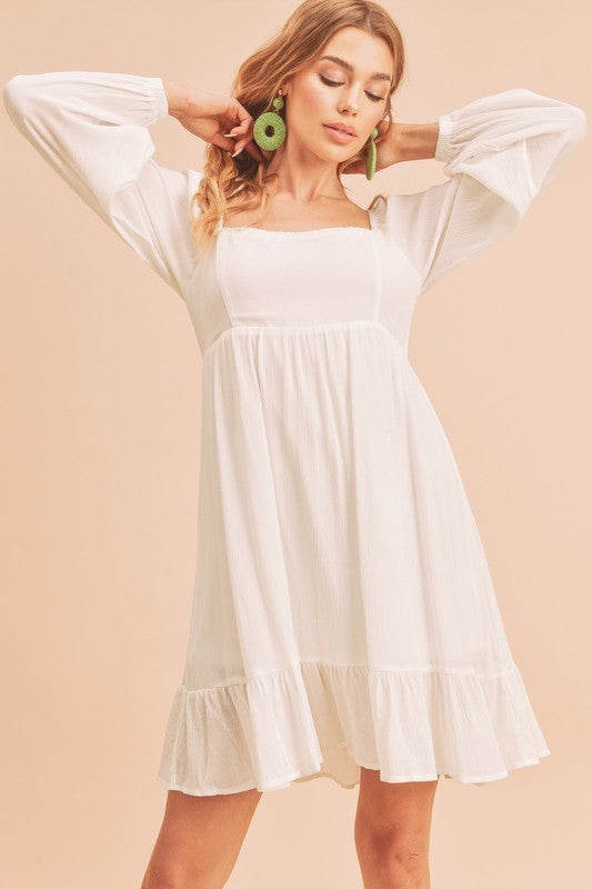 Aemi + Co Ruffled Hem Square Neck Balloon Sleeve Mini Dress White Mini Dresses