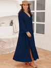 Plus size navy blue tie neck long sleeve maxi dress with v-neck and slit