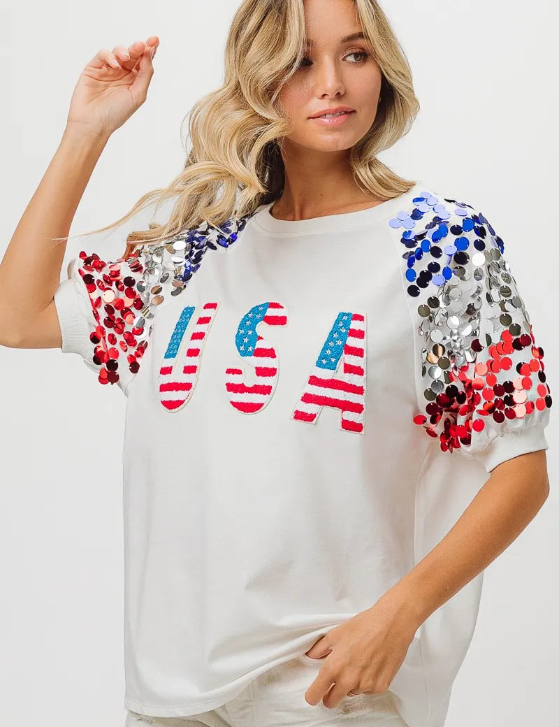BiBi American Flag Theme Sequin Top | Tops Daverri Fashions