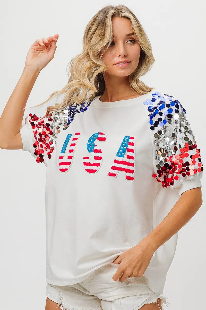 BiBi American Flag Theme Sequin Top | Tops Daverri Fashions