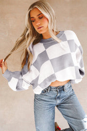 Checkered Bishop Sleeve Sweater | Sweaters Daverri Fashions
