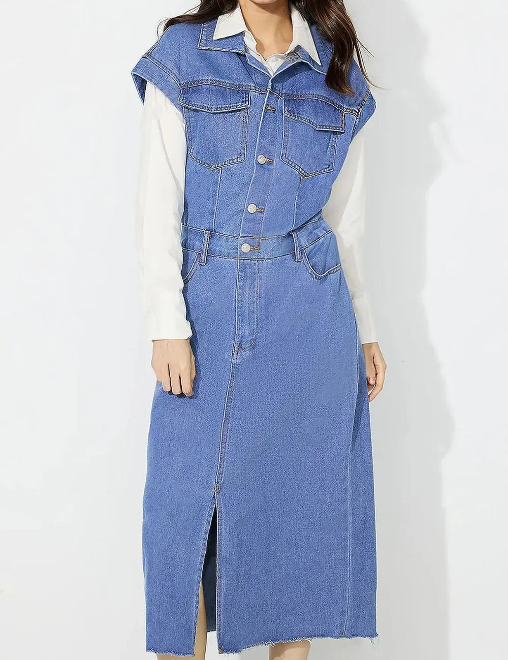 Slit Half Button Collared Neck Cap Sleeve Denim Dress | Midi Dresses Daverri Fashions