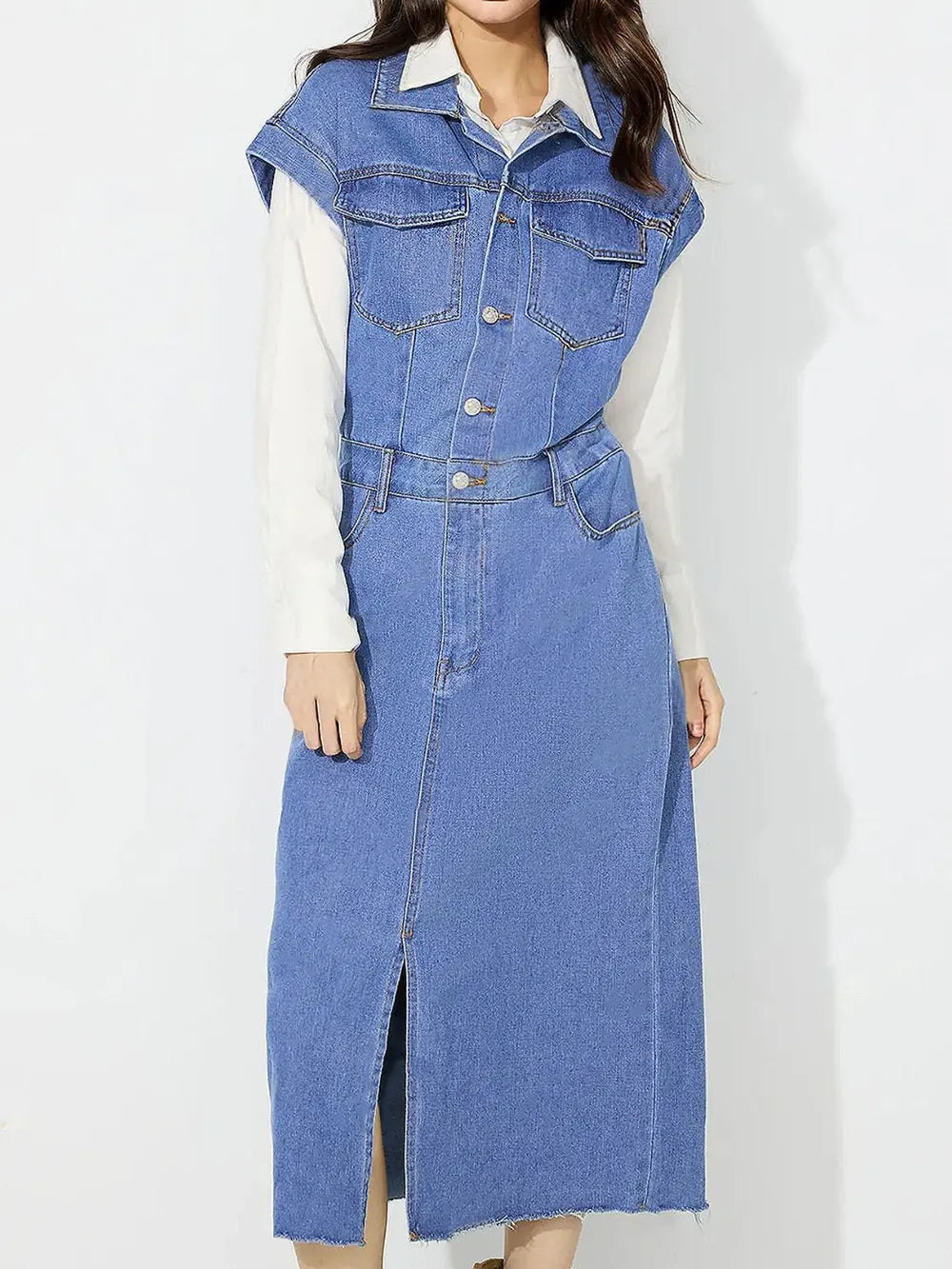 Slit Half Button Collared Neck Cap Sleeve Denim Dress | Midi Dresses Daverri Fashions