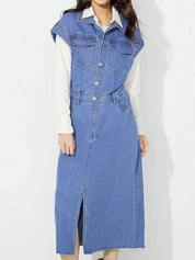 Slit Half Button Collared Neck Cap Sleeve Denim Dress | Midi Dresses Daverri Fashions