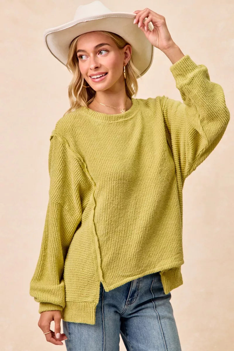 Cozy olive-green BiBi Boucle rib knit sweater with uneven hem