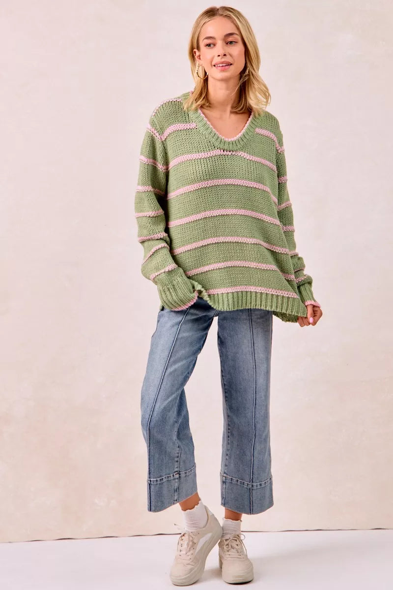 BiBi Striped Long Sleeve Sweater | Sweaters Daverri Fashions