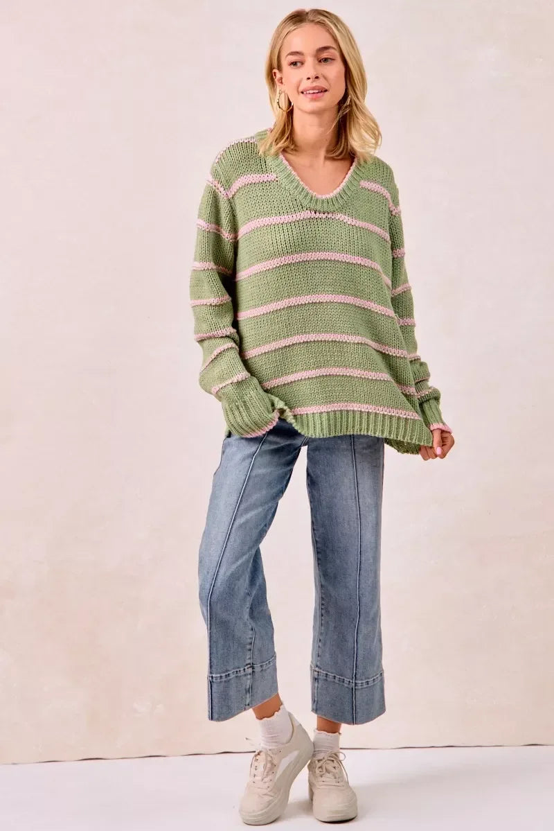 BiBi Striped Long Sleeve Sweater - DAVERRI FASHIONS