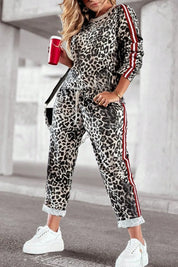 Pastel Yellow Plus Size Leopard Round Neck Top and Pants Set | Loungewear Sets Daverri Fashions