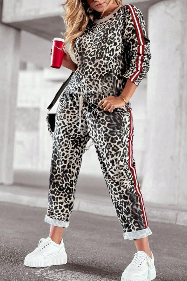 Pastel Yellow Plus Size Leopard Round Neck Top and Pants Set | Loungewear Sets Daverri Fashions