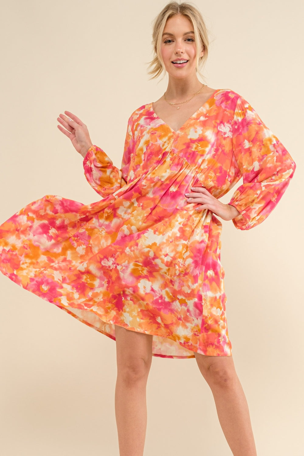 And The Why Full Size Printed Tie Back Long Sleeve Dress Orange Multi Knee Length Dresses