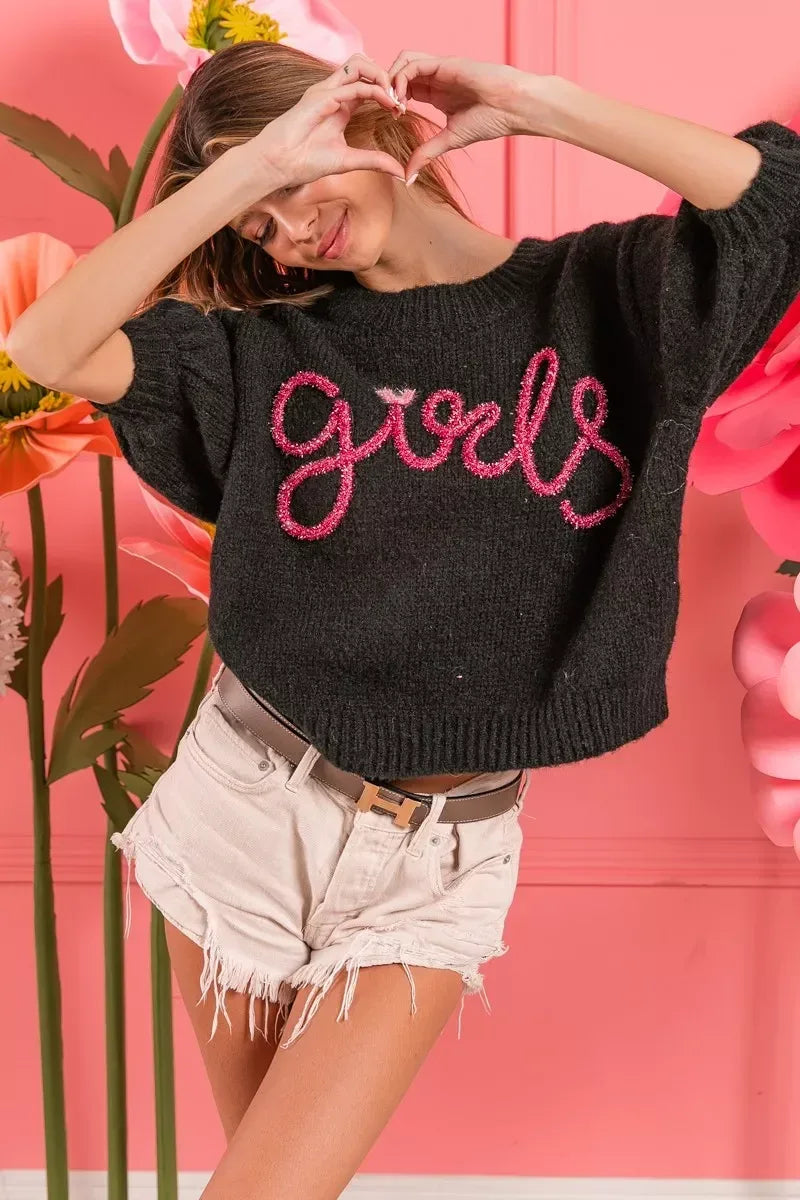 BiBi Metallic Letter Short Puff Sleeve Hairy Sweater - DAVERRI FASHIONS