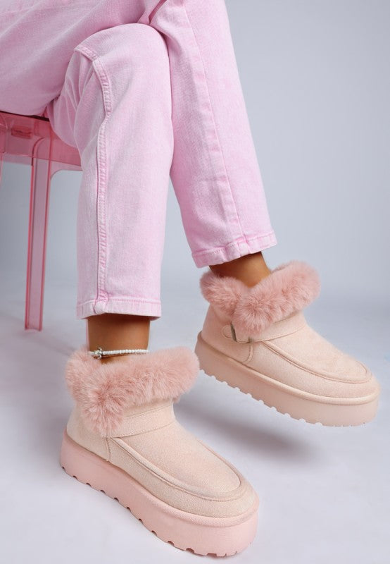 Pink suede Pin Buckle Detail Snow Boots with fluffy fur trim and chunky platform sole