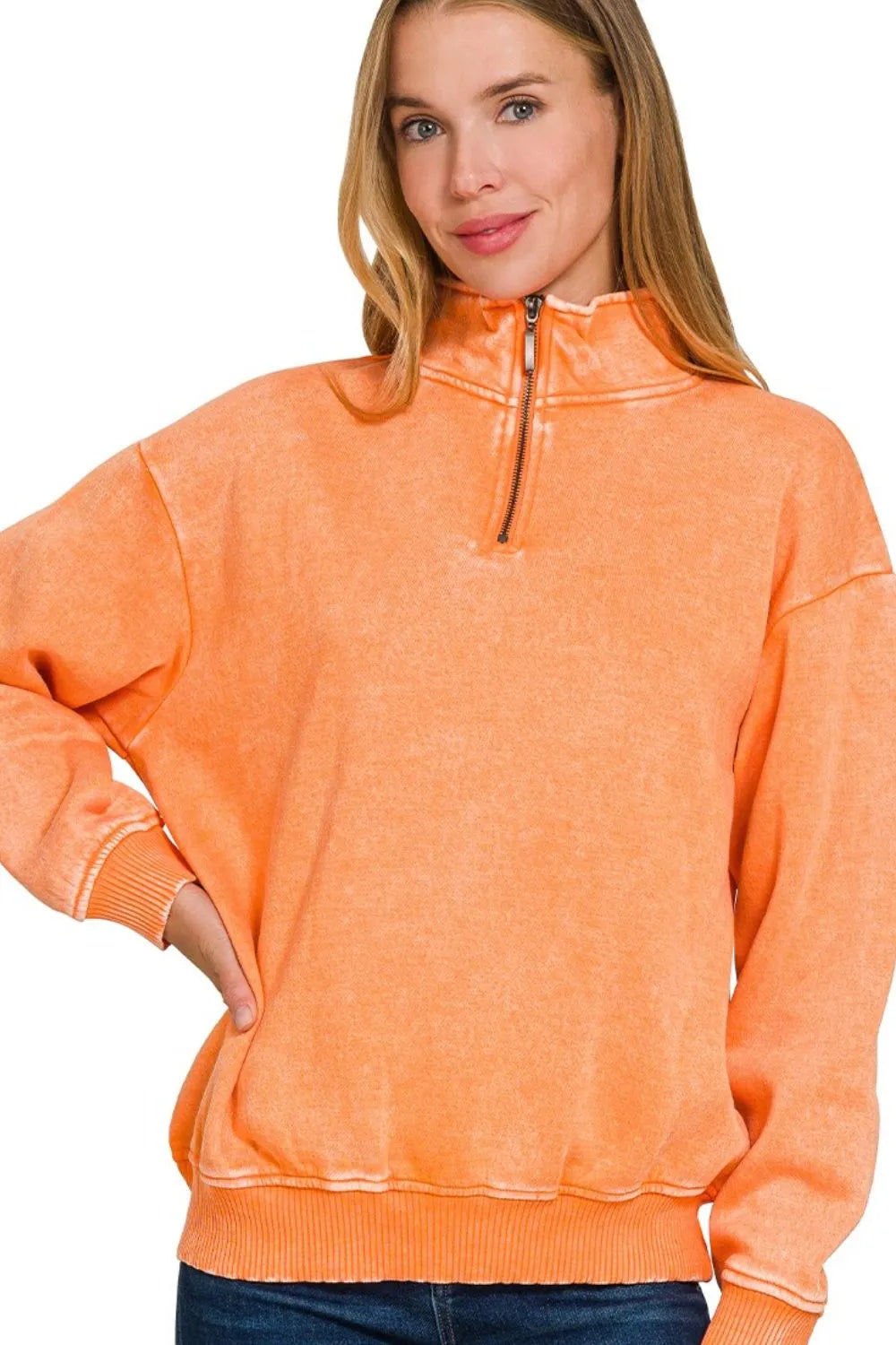 Zenana Acid Wash Fleece Quarter Zip Pullover Sweatshirt Sweatshirts