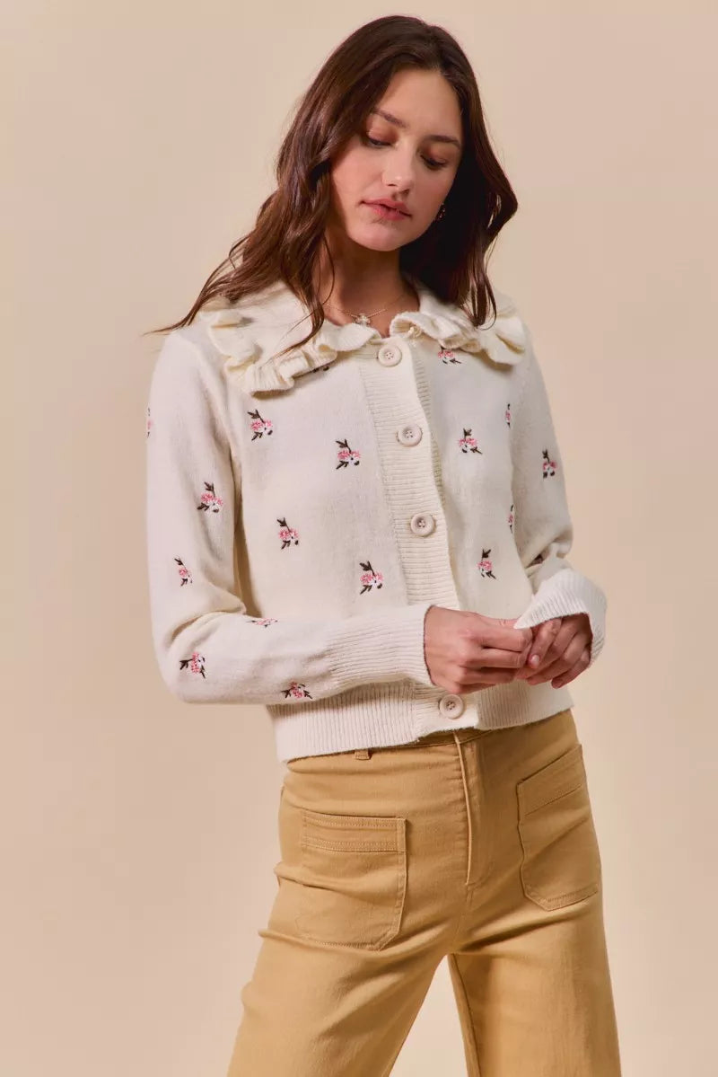 SO ME Collared Floral Embroidered Button Down Sweater Cardigan | Cardigans Daverri Fashions
