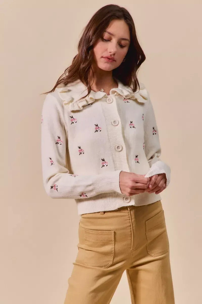 SO ME Collared Floral Embroidered Button Down Sweater Cardigan - DAVERRI FASHIONS