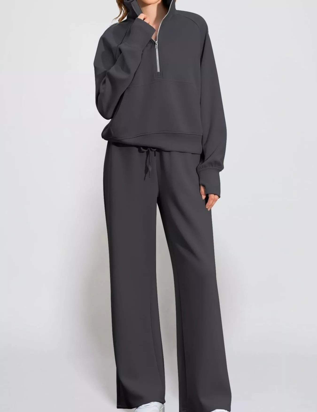 Dark Gray Full Size Half-Zip Sweatshirt and Wide-Leg Pants Set Plus Size | Outfit Sets Daverri Fashions