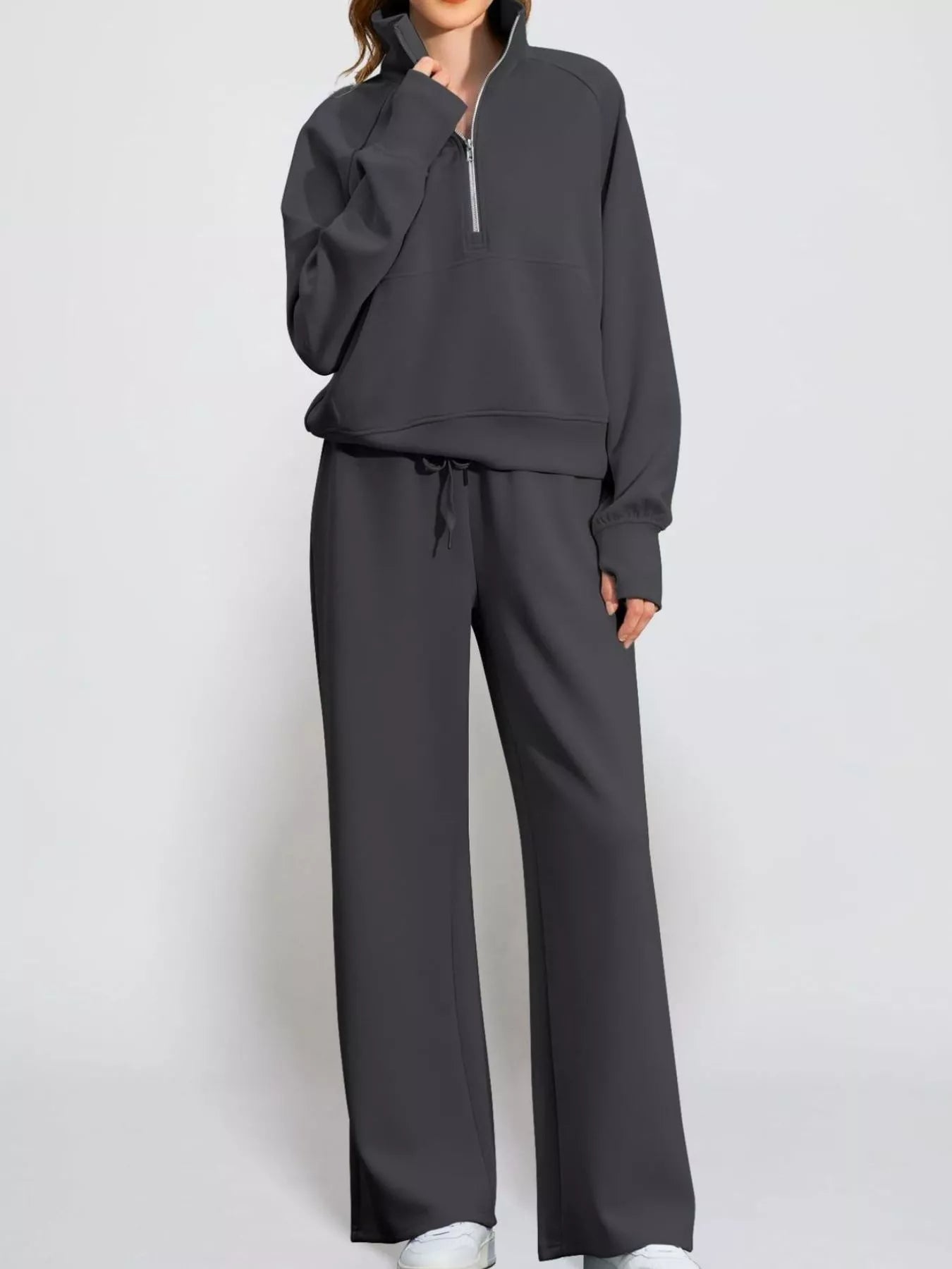 Dark Gray Full Size Half-Zip Sweatshirt and Wide-Leg Pants Set Plus Size | Outfit Sets Daverri Fashions