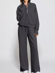 Dark Gray Full Size Half-Zip Sweatshirt and Wide-Leg Pants Set Plus Size | Outfit Sets Daverri Fashions