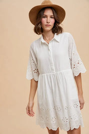 IVORY Annie Wear Embroidered Scallop Edge Detail Mini Shirt Dress | Daverri Fashions