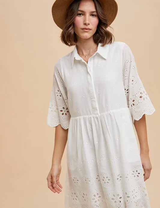 IVORY Annie Wear Embroidered Scallop Edge Detail Mini Shirt Dress | Daverri Fashions