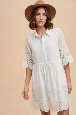 Annie Wear Embroidered Scallop Edge Detail Mini Shirt Dress - DAVERRI FASHIONS