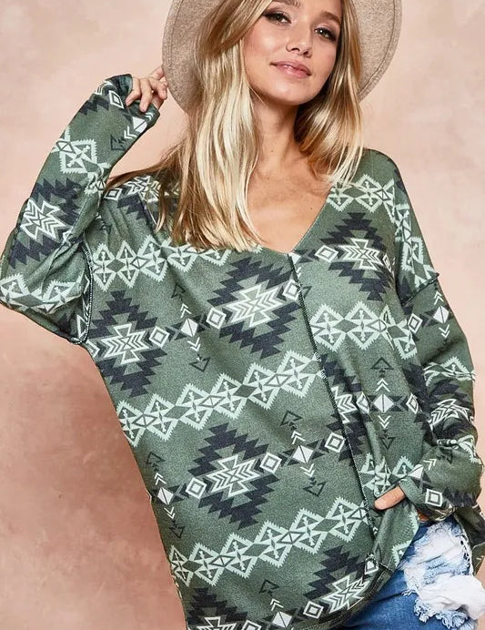 BiBi Aztec Print Brushed Out Stitching Detailed Top | Tops Daverri Fashions