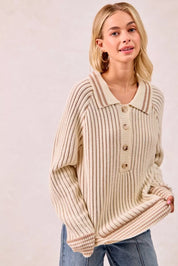 BiBi Half Button Ribbed Two Tone Sweater | Sweaters Daverri Fashions