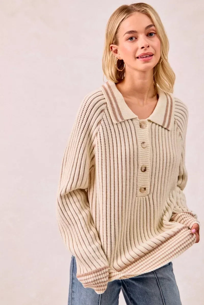 BiBi Half Button Ribbed Two Tone Sweater - DAVERRI FASHIONS