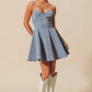 SO ME light-wash denim A-line fit and flare mini dress with thin straps
