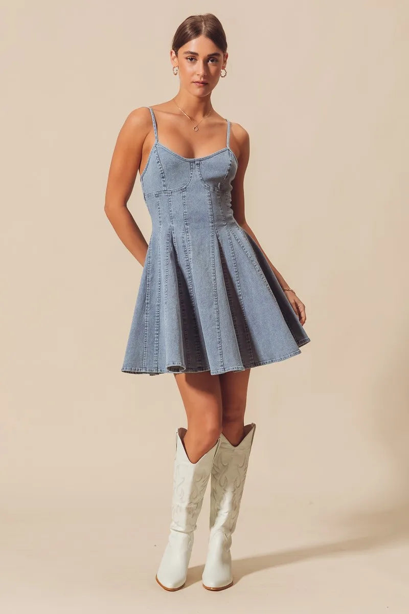 SO ME light-wash denim A-line fit and flare mini dress with thin straps