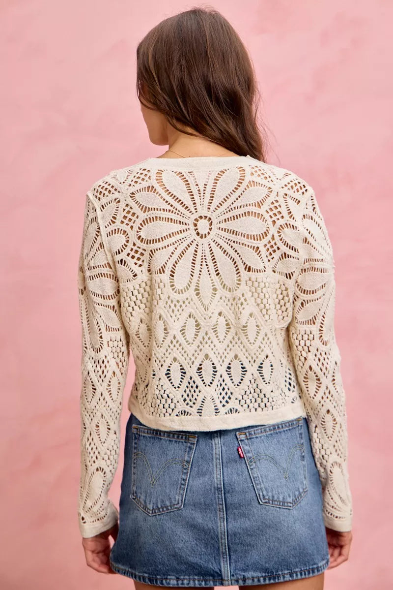 Cream-colored SO ME crochet knit cardigan with floral pattern and long sleeves