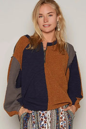 Terracotta L POL Color Block Half Zip Dropped Shoulder Sweatshirt | Daverri Fashions