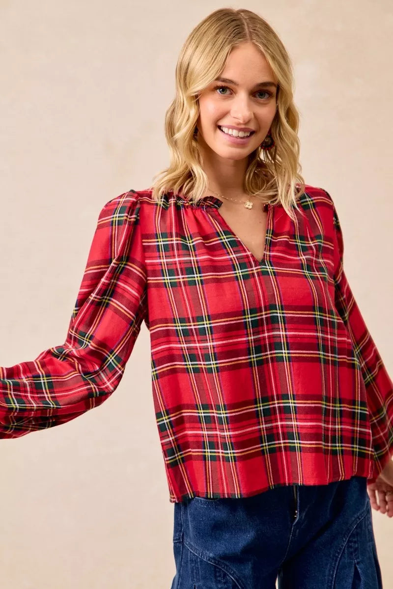 BiBi Christmas Plaid Balloon Sleeves Ruffled V-Neck Top | Daverri Fashions