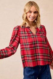 BiBi Christmas Plaid Balloon Sleeves Ruffled V-Neck Top | Daverri Fashions