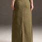 Olive green raw hem maxi denim skirt with back pockets and straight hem