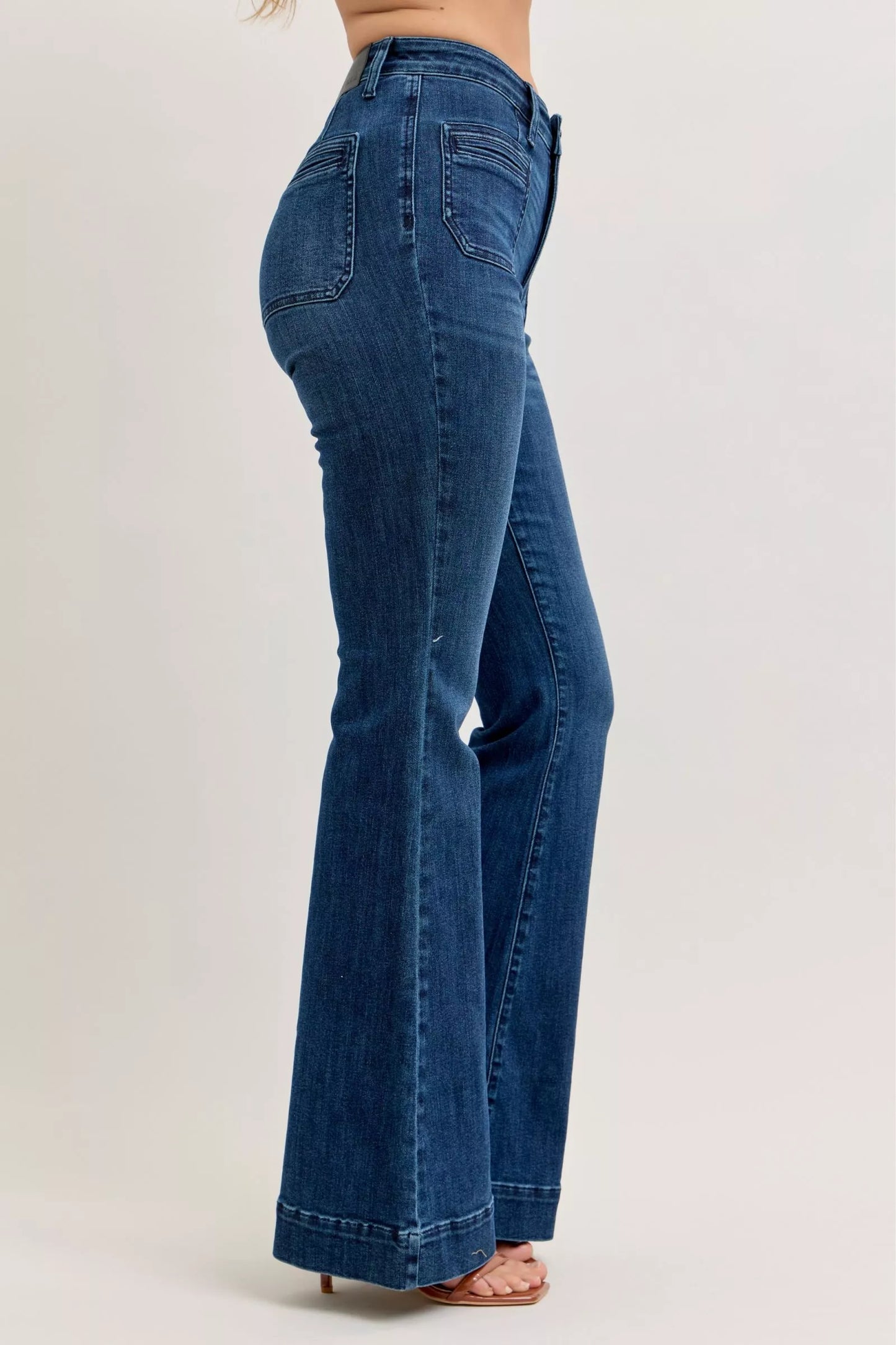 Judy Blue high-waisted dark blue denim flare jeans with rolled cuffs