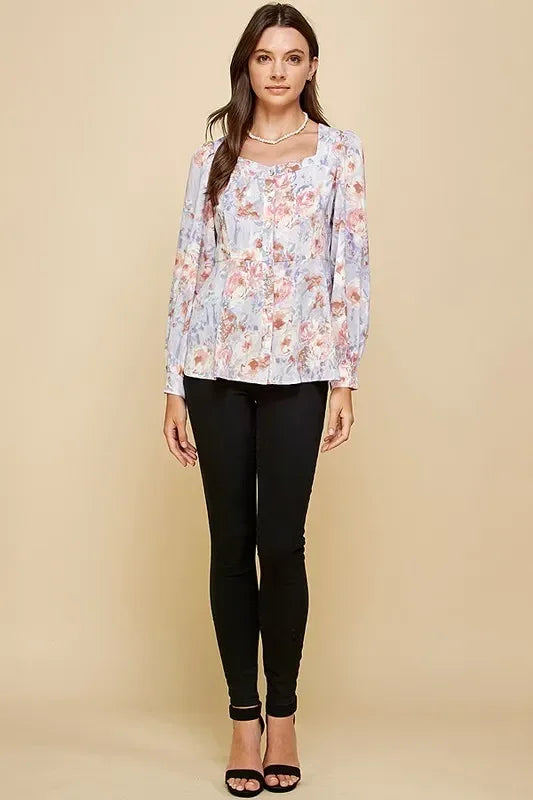 Lime 'N' Chili Floral Sweetheart Neckline Button Down Blouse - DAVERRI FASHIONS