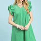 Vibrant green Umgee Seersucker Ruffle Shift Dress with textured A-line, short flutter sleeves, V-neckline